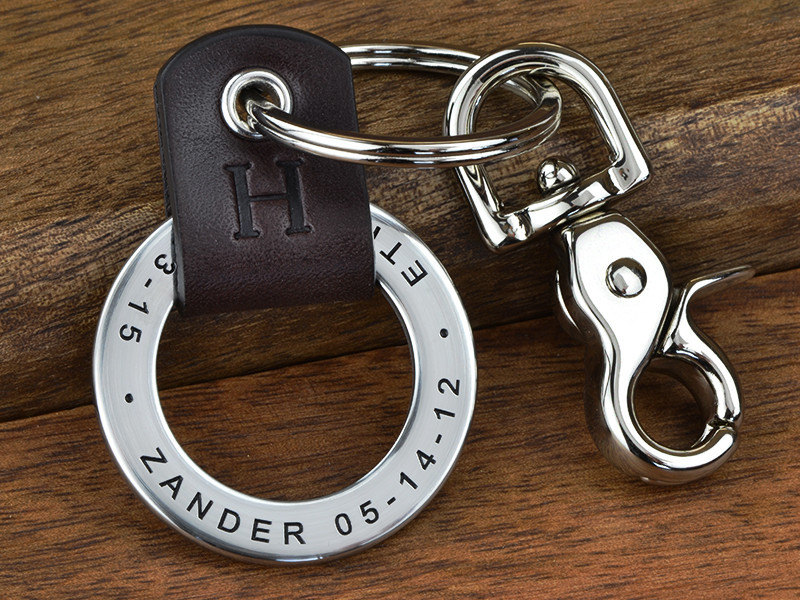 The front of an engraved leather keychain from Maven Metals.